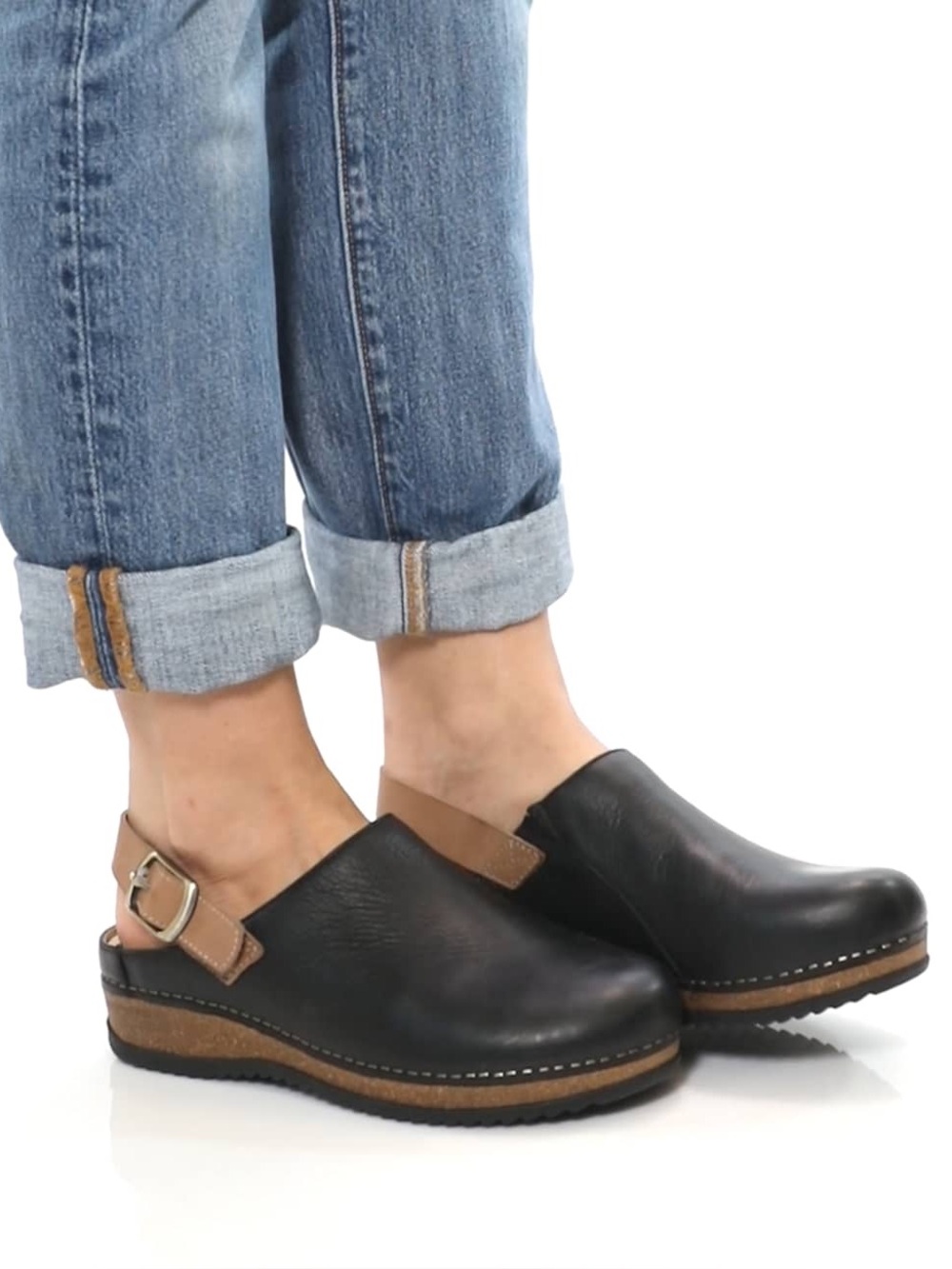 Dansko Merlin Black Leather Slingback Clog with Tan Strap size 42